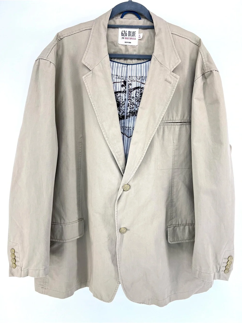 626 Blue Vintage Surplus Co Beige Mens 2 Button Jacket Size 52 R Cotton NWT